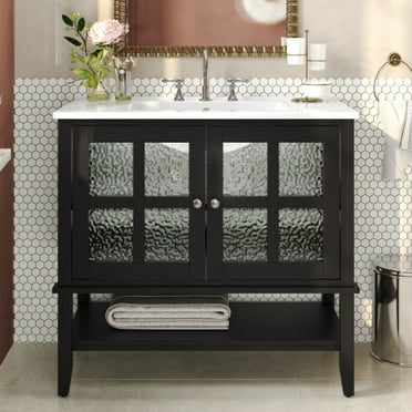 Black 36 Inch Bathroom Vanity with Ceramic Sink Adjustable Shelf Solid Wood Legs Soft Close Hinges for Modern Bathroom