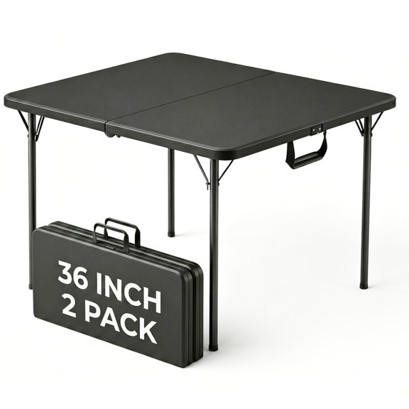 Black 36 Inch Square Folding Table, Portable with Handle, 2 Pack