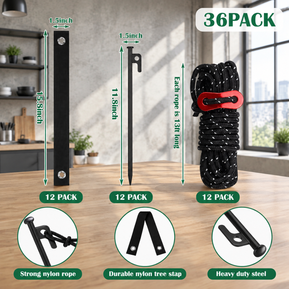 Black 36 Piece Heavy Duty Tree Stake Kit With Straps And Rope For Garden Support