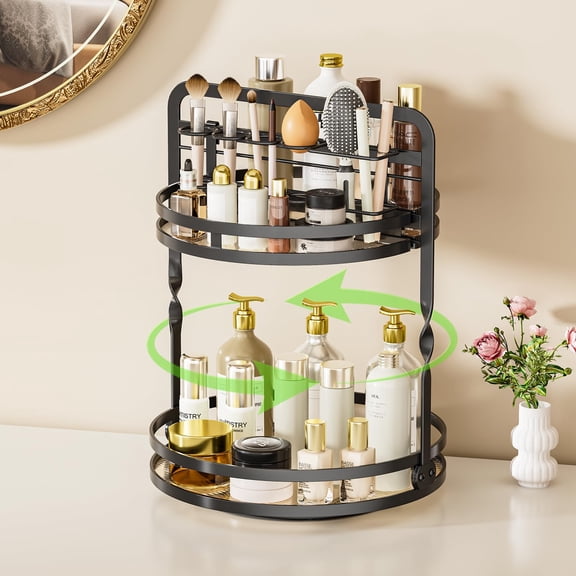Black 360 Rotating Two-Tier Makeup Organizer for Vanity and Bathroom Countertops