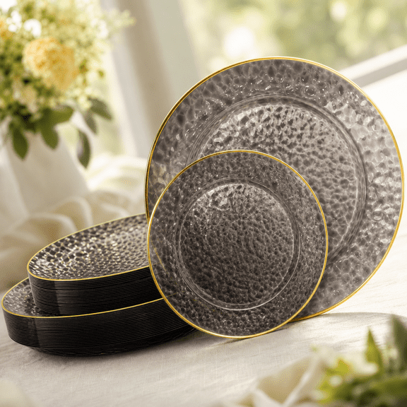Black 36PCS Plastic Plates Hammered Disposable Heavy Duty Rimmed Party Tableware