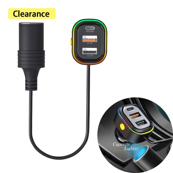 Black 36W Fast Car Charger with USB-C PD & Dual USB-A Ports + Cigarette Lighter 12V/24V Compatible for iPhone, Samsung, Tablet, Car Vacuum