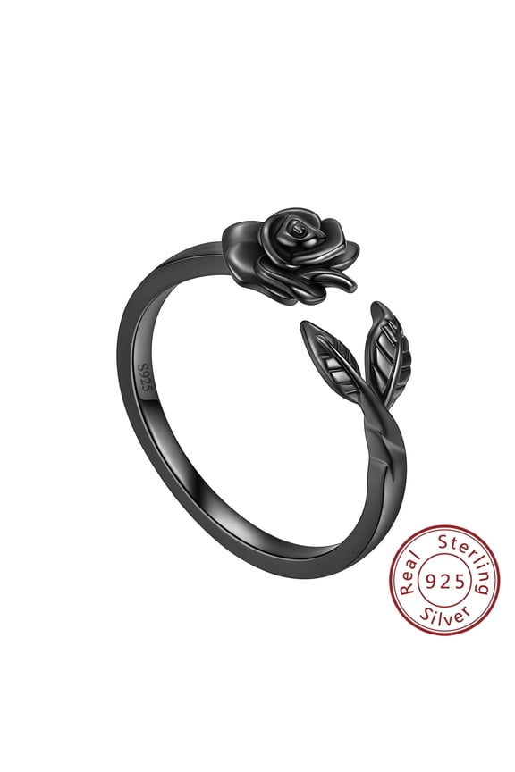 Black 3D Flower Rose Ring 925 Sterling Silver Leaf Plant Women Promise Ring Jewelry Mother Birthday Christmas Valentine's Day Gift for Her