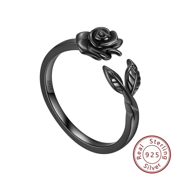 Black 3D Flower Rose Ring 925 Sterling Silver Leaf Plant Women Promise Ring Jewelry Mother Birthday Christmas Valentine's Day Gift for Her