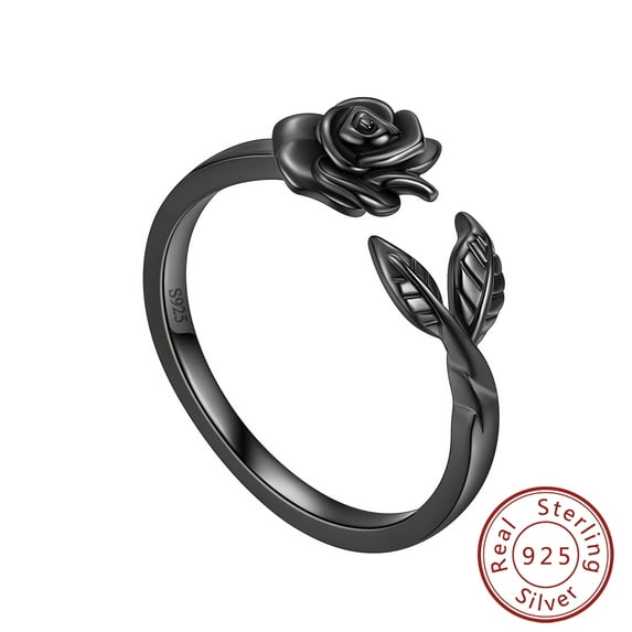 Black 3D Flower Rose Ring 925 Sterling Silver Leaf Plant Women Promise Ring Jewelry Mother Birthday Christmas Valentine's Day Gift for Her