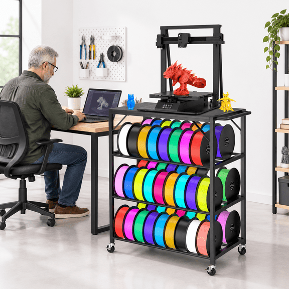 Black 3D Printer Stand Table with 48-Spool Filament Storage Rack