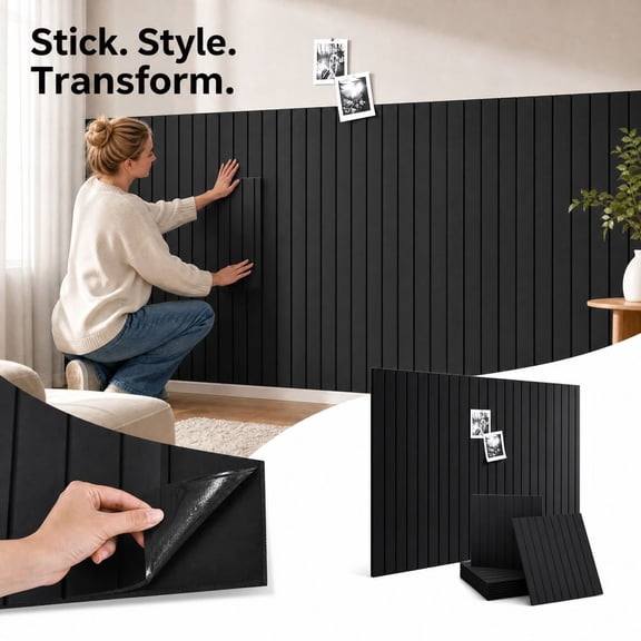 Black 3D Wall Panels, Self-Adhesive Felt Wall Tiles, 11.8in Square Vertical Stripe Texture, Acoustic Decor for Living Room Bedroom
