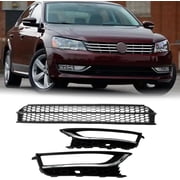BSTBSSP Front Lower Grille & Fog Light Cover Bezel Compatible with Volkswagen VW Passat 2012-2015 Black ABS with Hole 3-Piece
