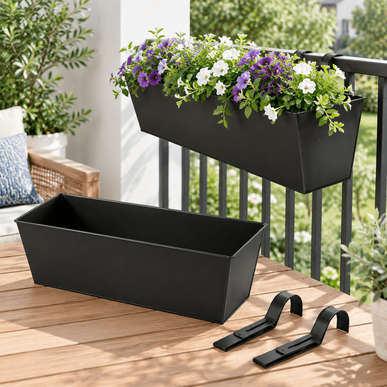 Black-3pcs 16 Inch Rectangular Rail Planter Boxes For Balcony Porch ...