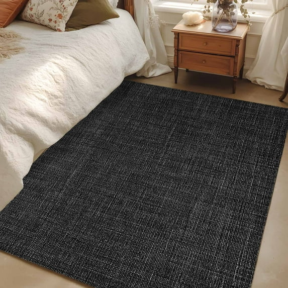 Black 3x5 Area Rugs, Farmhouse Burlap Solid Black Color Modern Linen Texture Non-Skid Rubber Backing Large Rectangle Rugs - Living Room Bedroom Home Office, Indoor Floor Mat Carpets Washable Rug