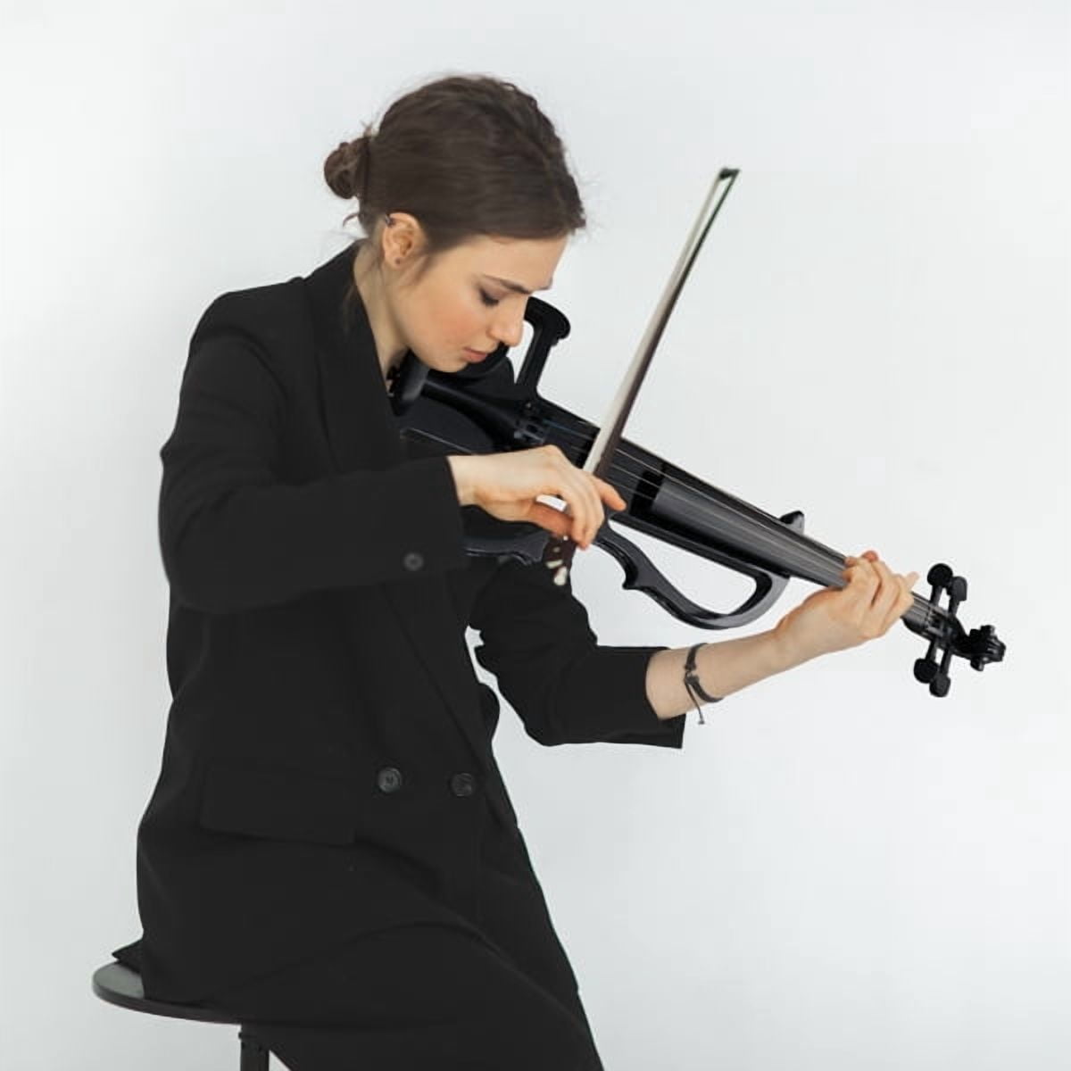 Black 4/4 Full Size Electric Acoustic Violin with Case, Bow, Rosin & Headphones - Basswood Body, Piano Lacquer Finish, Brazilwood Bow