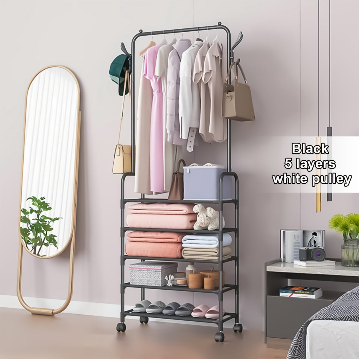 Black 4/5 Tier Rolling Clothes Rack, Easy To Install Coat Rack ...