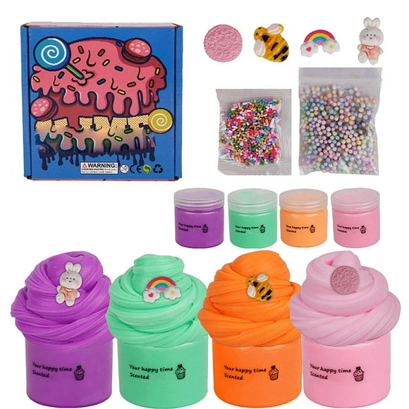 Black 4 Color Fluffy Slime Set Diy Creative Play Sensory Toy Stretchable Squishy Toy For Kids Stress Relief Art Craft Kit Non Toxic Safe Play Dough 21.2 Oz