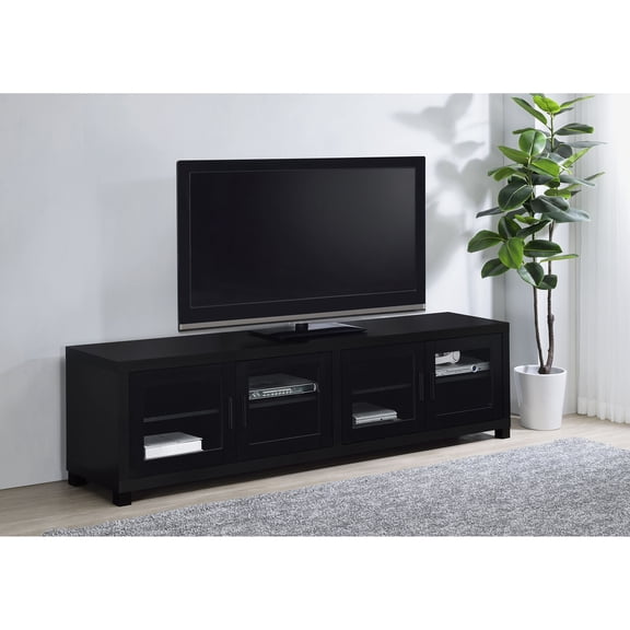 Black 4-Door TV Stand with Glass Doors and Adjustable Shelves
