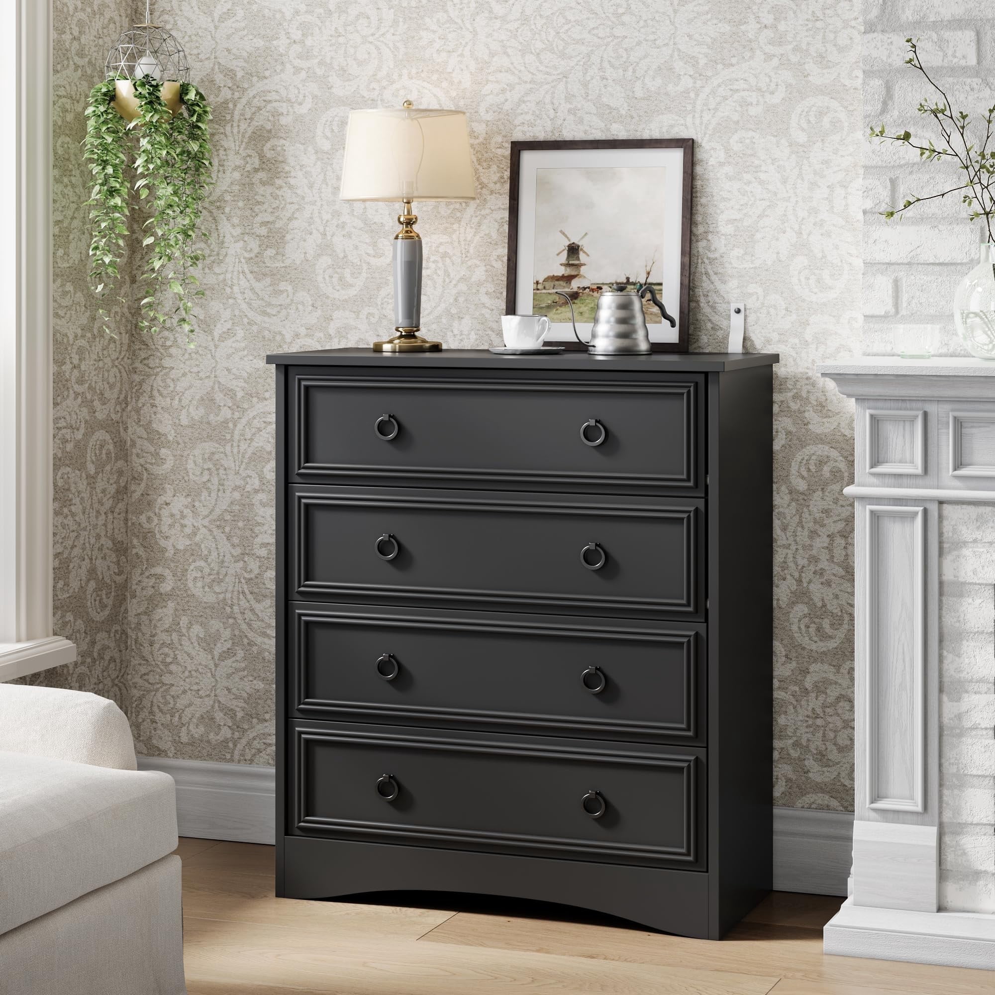 Black 4 Drawer Dresser for Bedroom, Vertical Chest Of Drawers Wood Storage Cabinet for Living Room