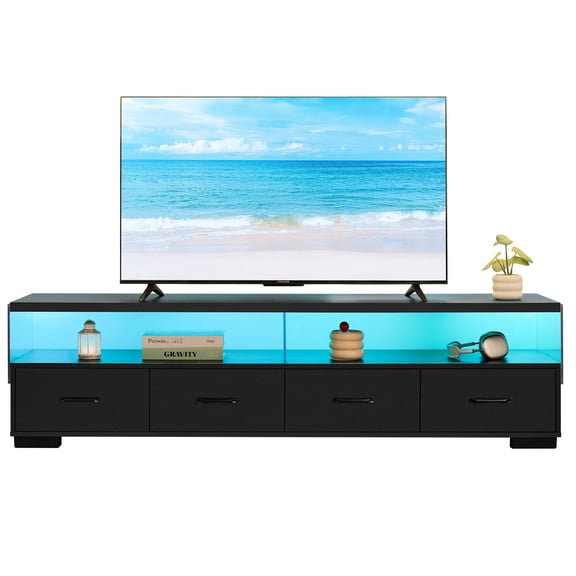 Black 4-Drawer TV Stand with Open Shelves / Perfect for Seasonal Decor Storage