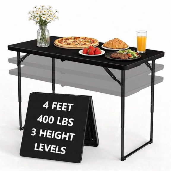 Black 4 Ft Adjustable Height Folding Table, 400 Lbs Capacity, Portable For Home, Party, Camping & Weddings