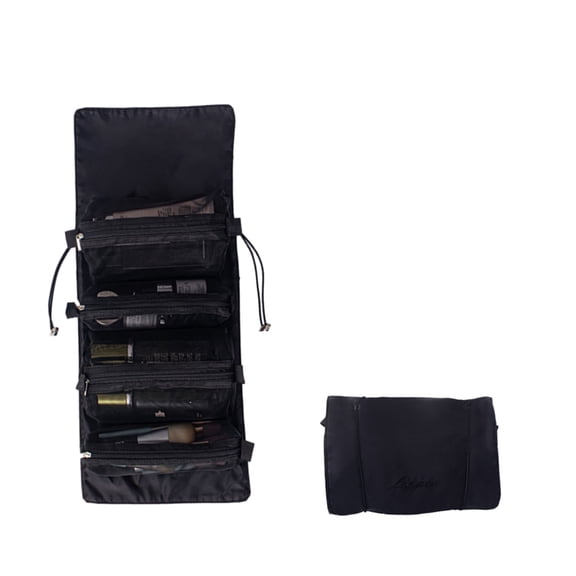 Black 4 In 1 Detachable Mesh Makeup Bag Set Roll Up Travel Organizer 20.5X8.7 Inch For Cosmetics Toiletries Storage