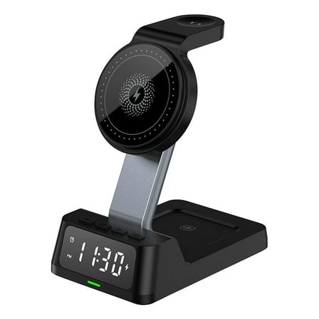 Black 4 In 1 Wireless Charger Stand With Alarm Clock And Phone Holder For Ios And Android Devices