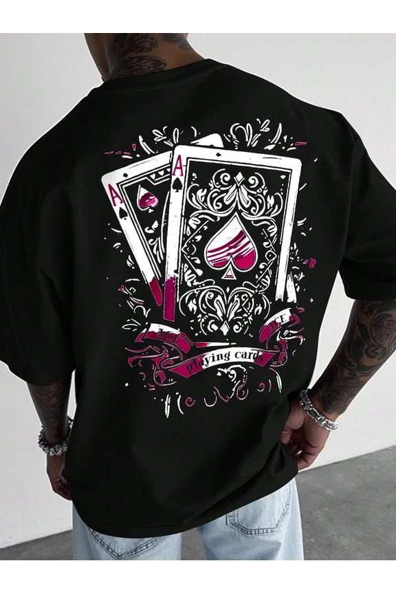 Black-4 Mens Oversized Retro Ace Playing Card Graphic T-Shirt