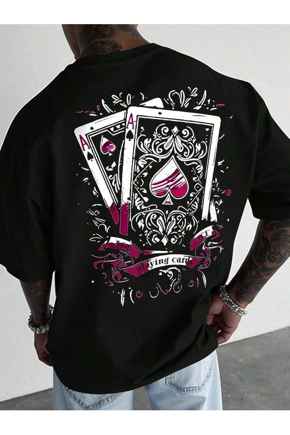 Black 4 Oversized Graphic Short Sleeve T-Shirt With Playing Cards Print, Streetwear Loose Fit Tee For Men