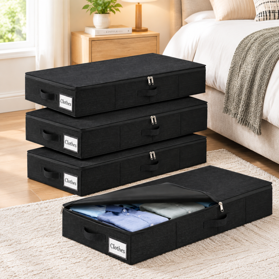 Black-4 Pack 4.5 Inch Tall-Hard Underbed Storage Chest, Slim Low Profile Organizer for Dorm and Home