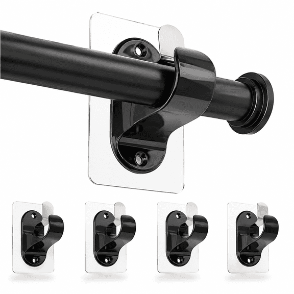 Black 4 Pack No Drill Curtain Rod Brackets, Heavy Duty Adhesive Holders