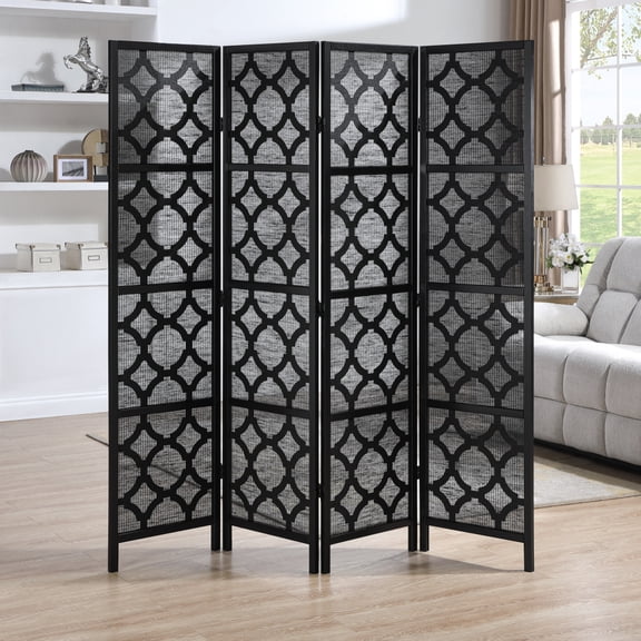 Black 4-Panel Foldable Room Divider Quarterfoil Diamond Pattern Solid Wood Privacy Screen with Light-Filter Rice Paper for Indoor Space Partition & Decor