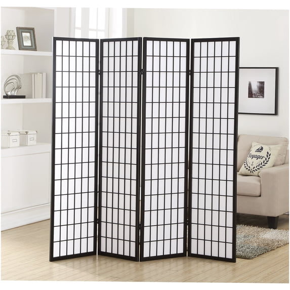 Black 4-Panel Shoji Room Divider, Solid Wood Frame, Rice Paper Panels ...