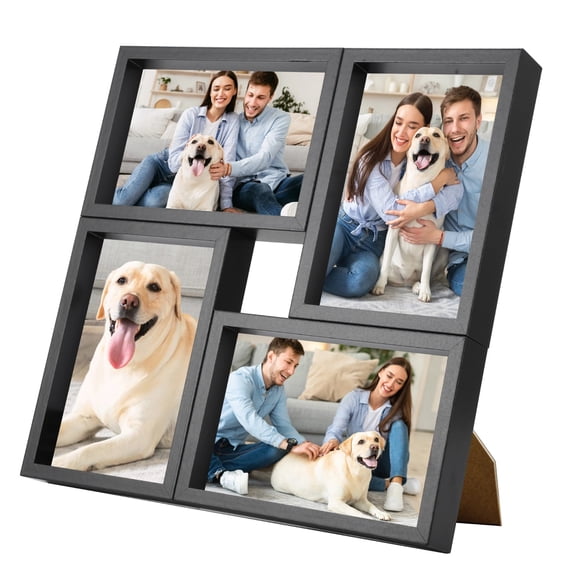 Black 4 Photos Collage Picture Frame, 11 x 11 x 1.2 in Solid Wood Multi Opening Display Album with Real HD Glass, for 4 x 6 in Prints, Wall-Mount & Tabletop Display for Family Memories