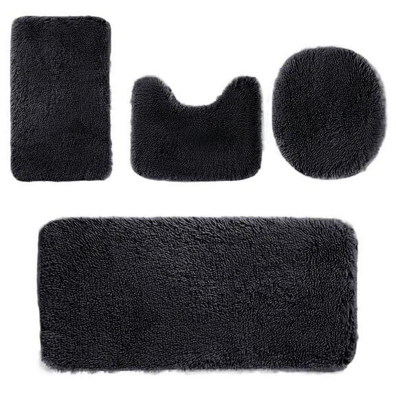 Black 4-Piece Bathroom Rug Set, Soft Non-Slip Toilet Mat And Shaggy Bath Mat, High Absorbent Machine Washable Floor Mats For Bathroom Shower Room, Black