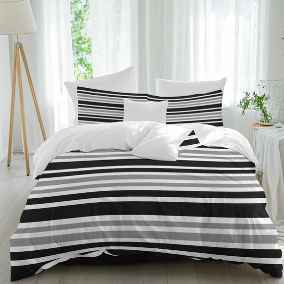 Black and 4 Piece Duvet Cover Set Full Size Gray Stripe Contrast ...