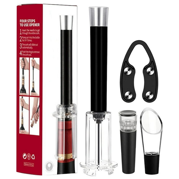 Black 4 Piece Portable Needle Air Pressure Wine Opener Set With Foil Cutter Vacuum Stopper And Pourer Bar Tool Kit 1Pc 0.25Lb