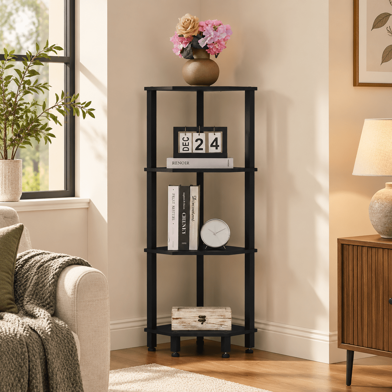 Black 4 Tier Corner Bookcase, Vertical Storage Shelf for Small Spaces ...