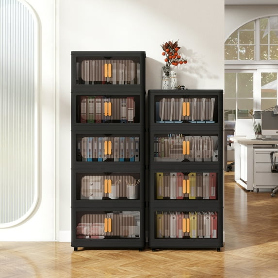 Black 4-Tier Folding Storage Cabinet: 24" Side Wide, Collapsible Bins with Magnetic Door, Wheeled Plastic Cabinet (23.62"×13.78"×48.43")