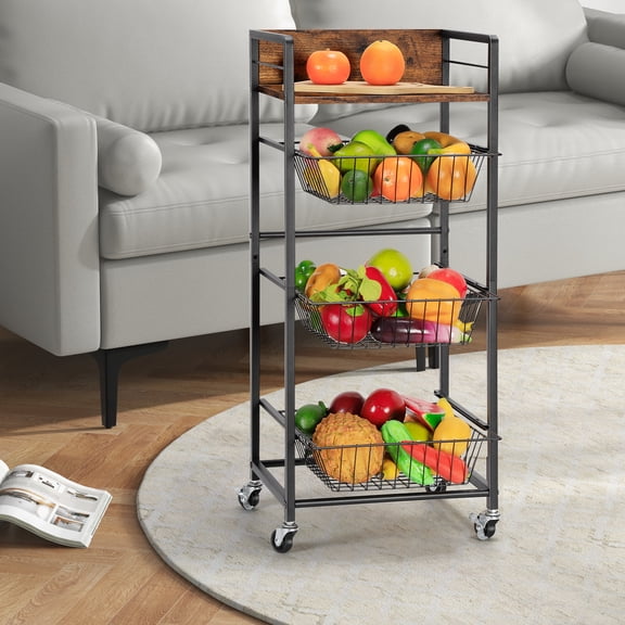 Black 4-Tier Rolling Pull-Out Fruit Basket Cart Multifunctional Storage Organizer for Kitchen, Bathroom & Living Room