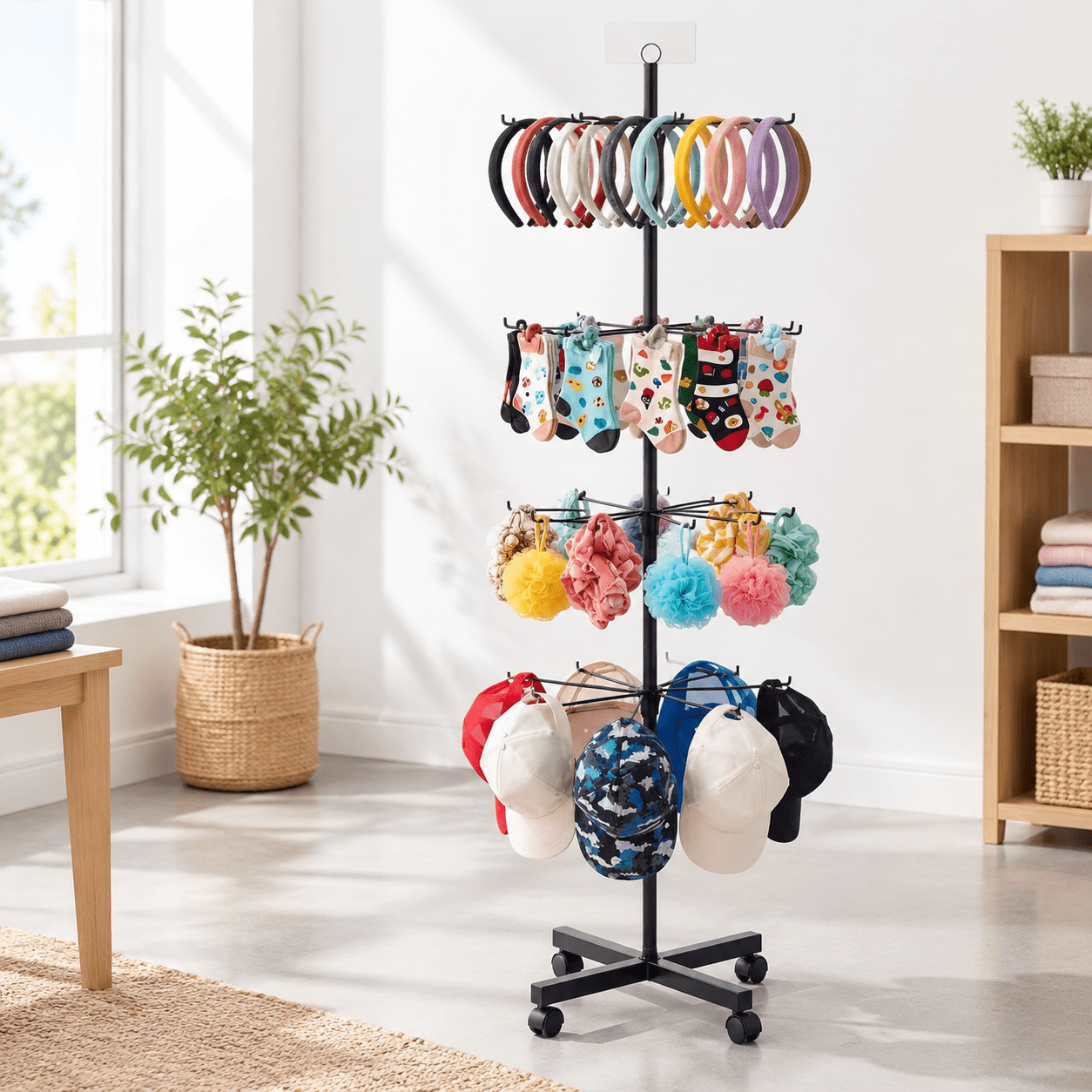 Black 4 Tier Rotating Retail Display Stand with Wheels, 2-Tier Hook ...