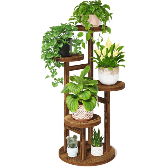 Black 4 Tiered Wooden Plant Stand Indoor with Heavy Duty Planter, Large Multiple Level Vertical Flower Rack for Narrow Corner, Sturdy Rustic Shelving Organizer Holder for Modern House Bathroom