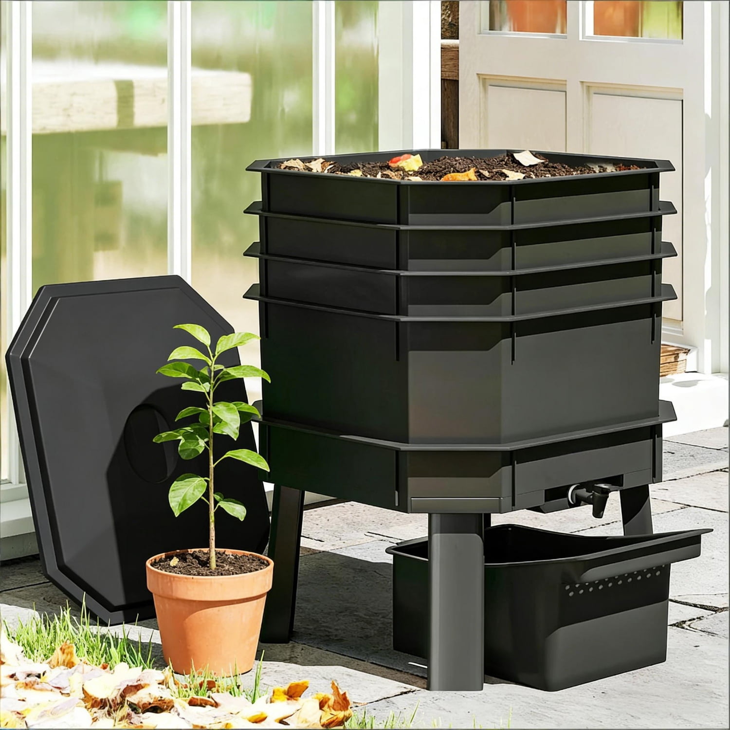 Vermin Proof Composter Black 4-Tray Worm Composter Bin Indoor Outdoor Vermicomposter with Worm ...