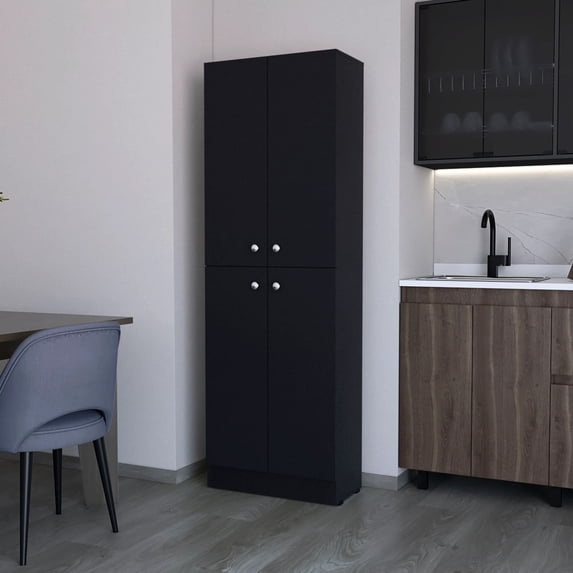 Black 4-door Pantry Cabinet With 5 Versatile Shelves For Kitchen 4 Doors And Function
