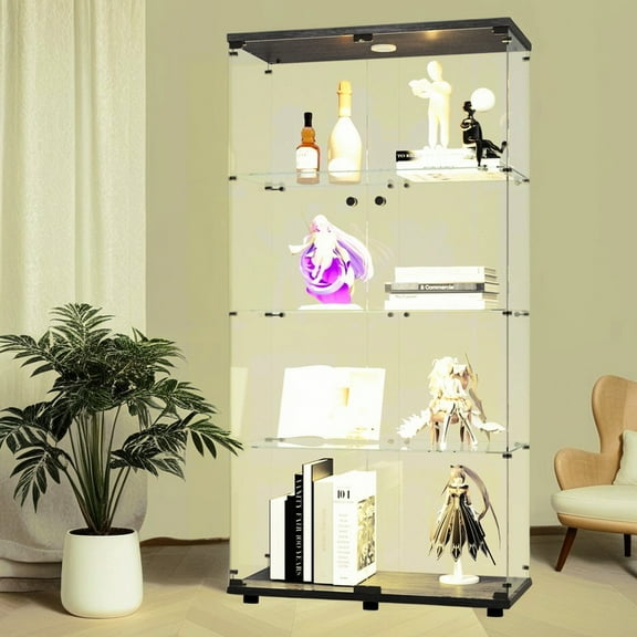 Black 4-shelf Lighted Glass Display Case With Lock - 63.15”h X 30.83”l 14.37”w, Lights 12 Color Choices By Remote Control, 5mm Tempered & Solid Wood, Safe , 15 Lbs Shelf Capacity, Showcases