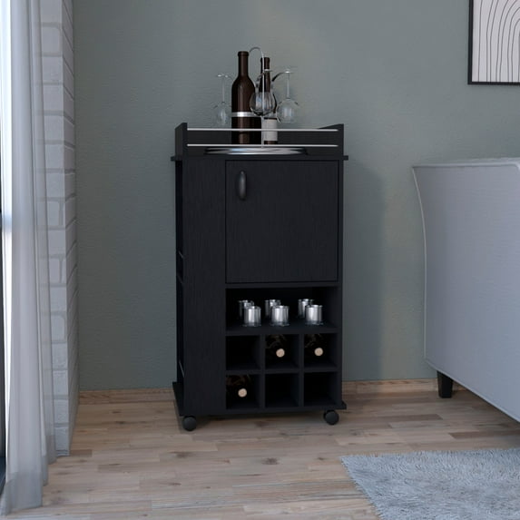 Black 4-wheel bar cart cabinet for kitchen or living room, with 6 built-in bottle racks, 1 interior shelve, 2 side shelves, 1 space with wood door to store glasses, cups, coffee or snacks.