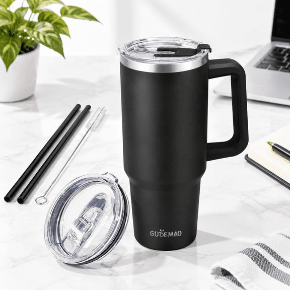 Black 40 Ounces Stainless Steel Vacuum Insulated Tumbler with Handle and Lid