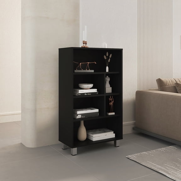 Black 40" Tall Bookcase. Compact Office Cabinet With 4 Shelves & 6 . Modern Design, . For Smaller Areas. Versatile Bookcase In Black. Storage. , Shelves. Compact. Modern. Spaces.