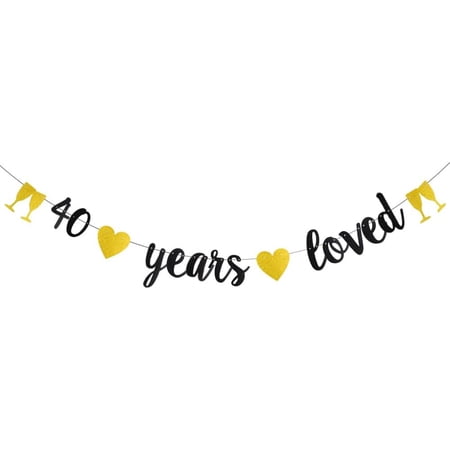 Black 40 years loved Banner, Pre-Strung,40th Birthday Party Decorations Bunting Sign Backdrops,40 years loved