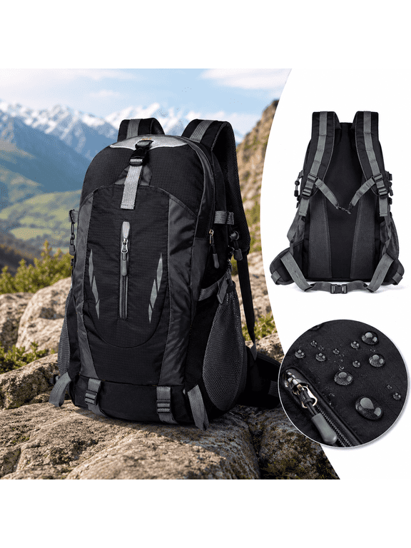 Black 40L Large Capacity Water Resistant Hiking Backpack Multi Compartment With Hip Belt For Outdoor Travel Camping