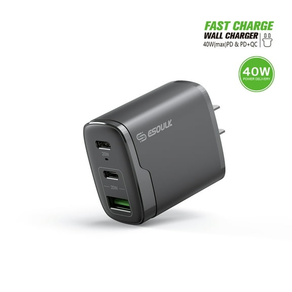 Black 40W Dual PD+QC Fast Wall Charger