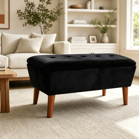 Black 42" Rectangular Linen Ottoman Bench with Solid Wood Tapered Legs — free download