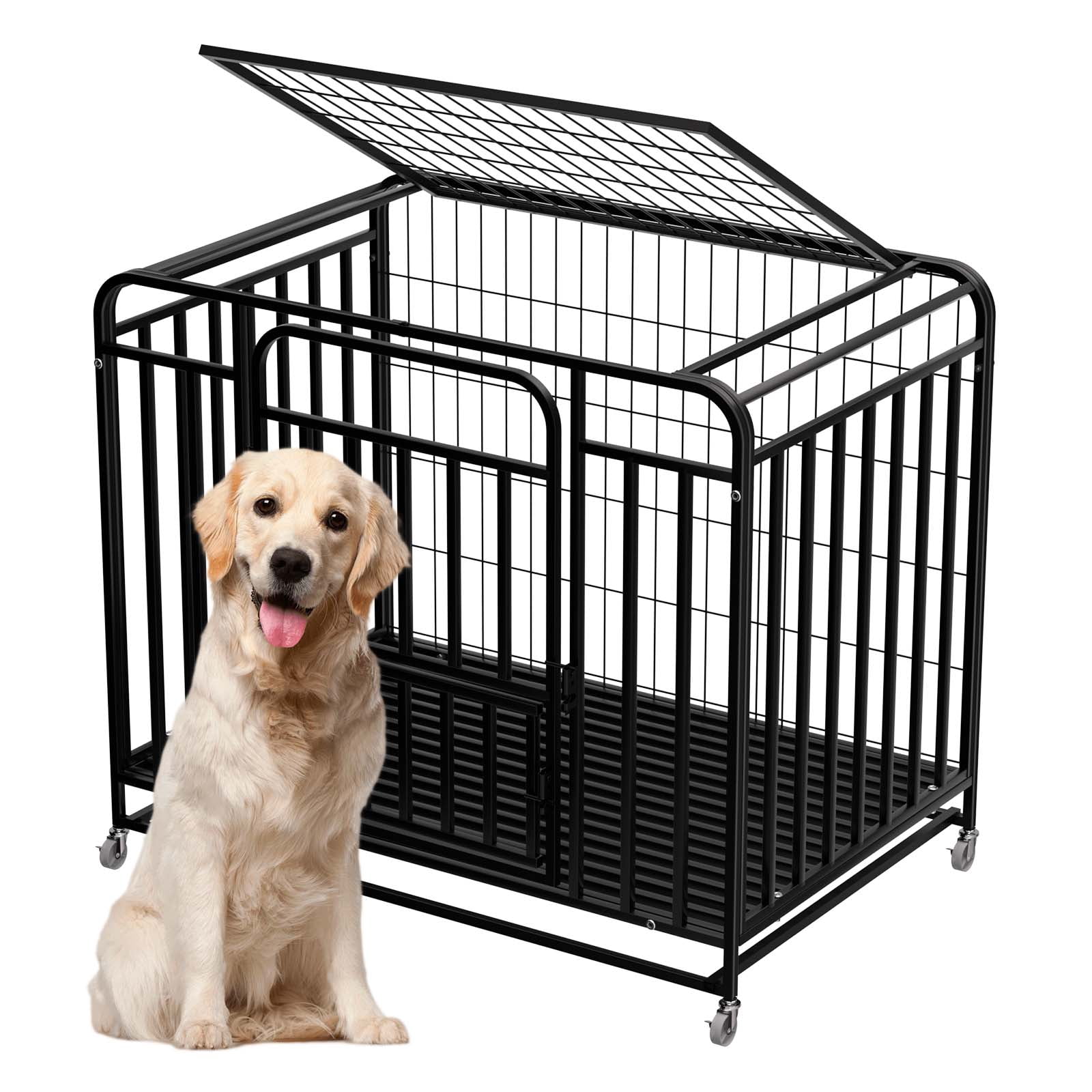 Black 42inch Indestructible Dog Cage, Double Door Dog Crate with Lockable Wheels, Easy Clean Removable Tray Dog Kennel for indoor apartment pet daily care and confinement