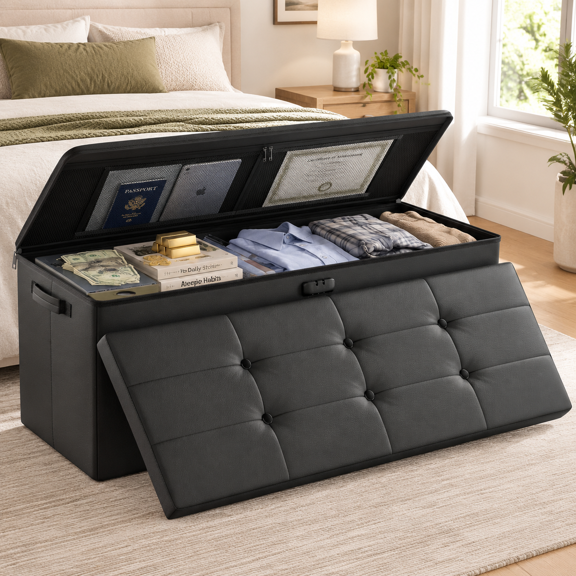 Black 43"D x 15"W x 15"H Fireproof Waterproof Storage Ottoman Bench with Lock